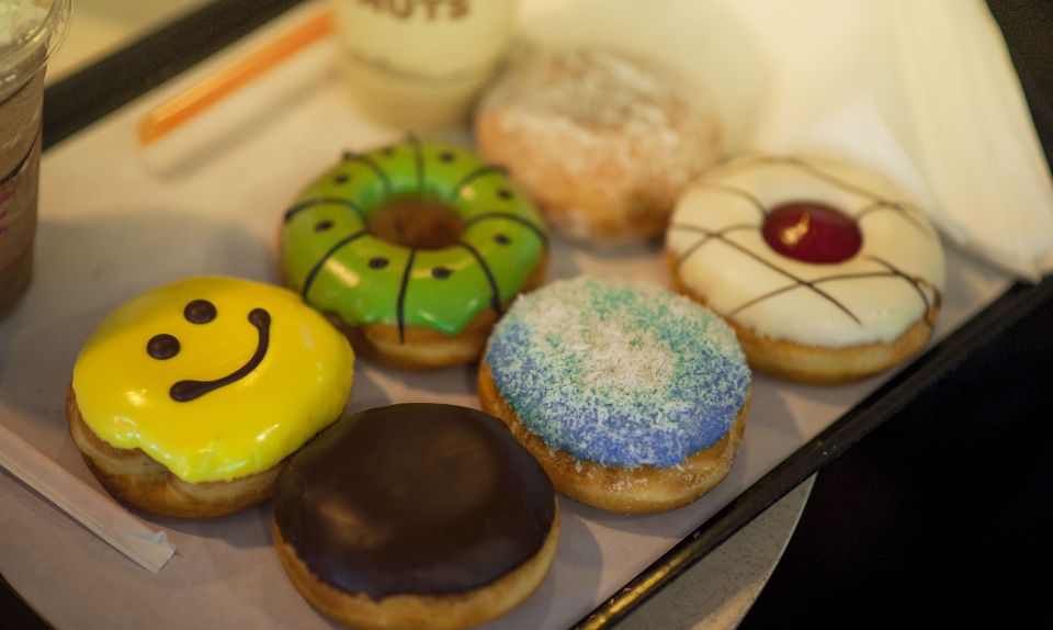 Pastries and coffee on the counter
